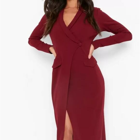 Boohoo Pocket Red Berry Detail Wrap Maxi Blazer Dress 16 NWT - Picture 2 of 11
